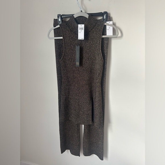 House of Harlow 1960 Pants - HoH1960 Bronze Metallic Black Knit Dress Top & Flare Pant Set